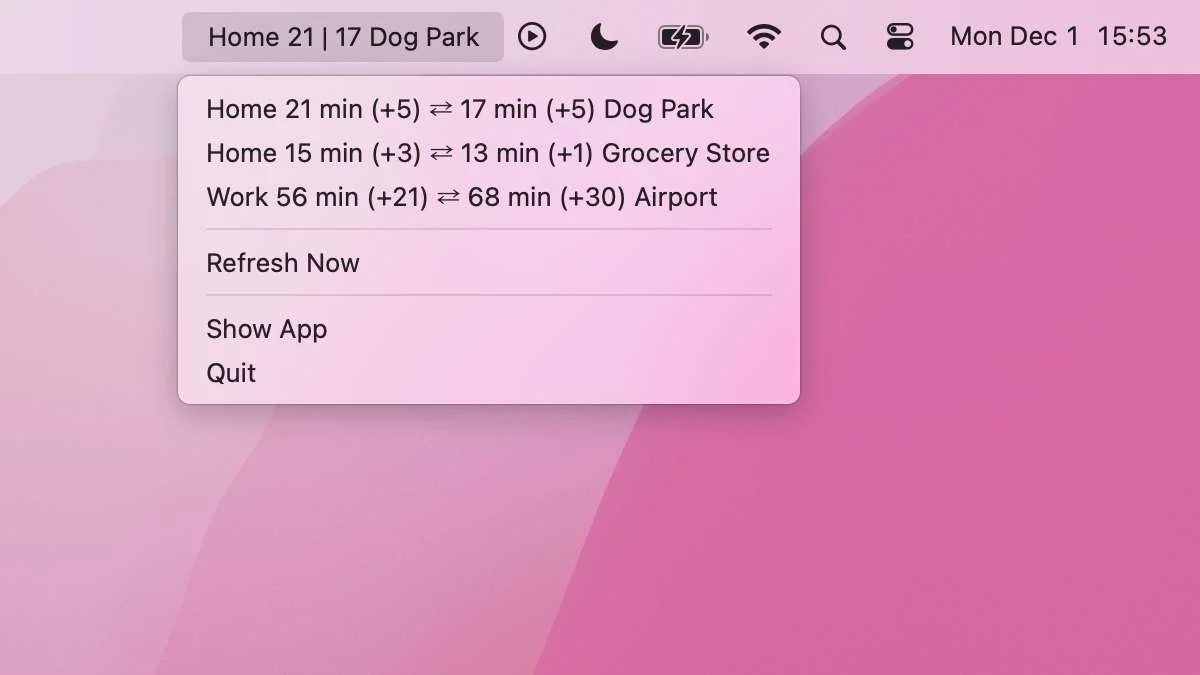 Travel times in menu bar